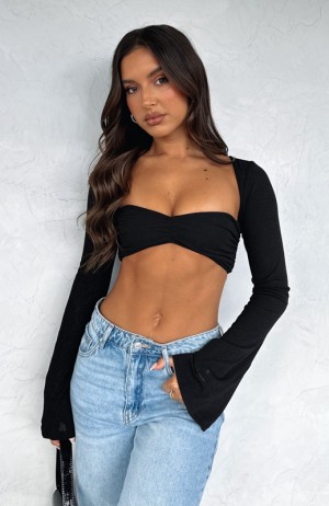 Black White Fox What About Me Long Sleeve Crop Women's Tops | HTZF-75934