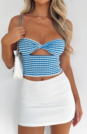 Blue White Fox Time After Time Strapless Crop Women's Tops | LSAM-67284