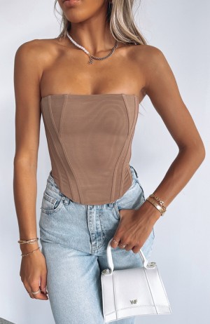 Dark Beige White Fox Sharp Edges Bustier Women's Tops | IUMO-95716