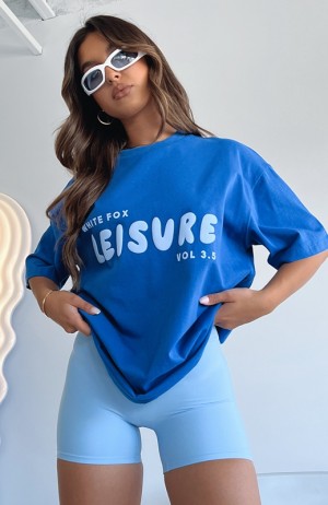 Deep Blue White Fox Leisure Series Oversized Women's T Shirts | UGCB-79360