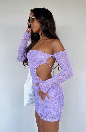 Purple White Fox Summer's Over Long Sleeve Mini Women's Dress | EZSX-94280