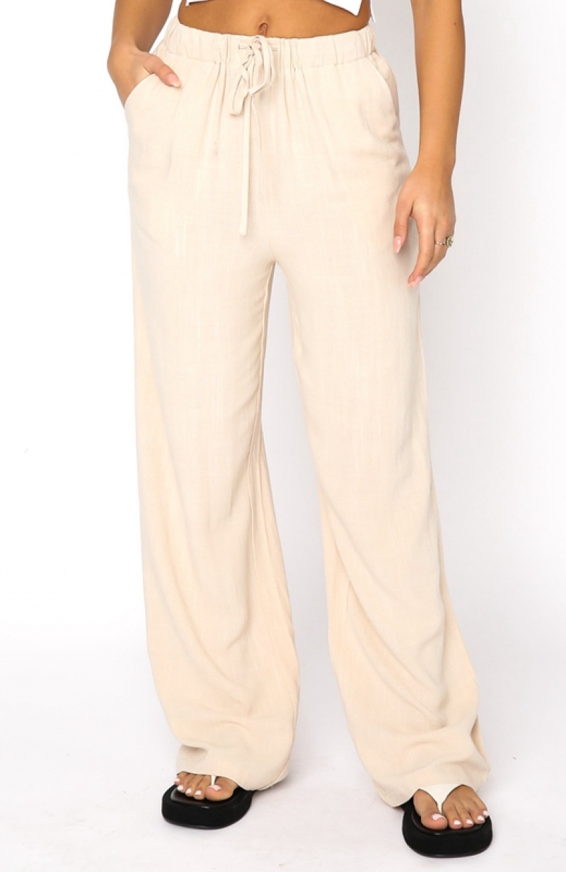 Beige White Fox Live It Up Linen Women's Pants | NYEW-81526