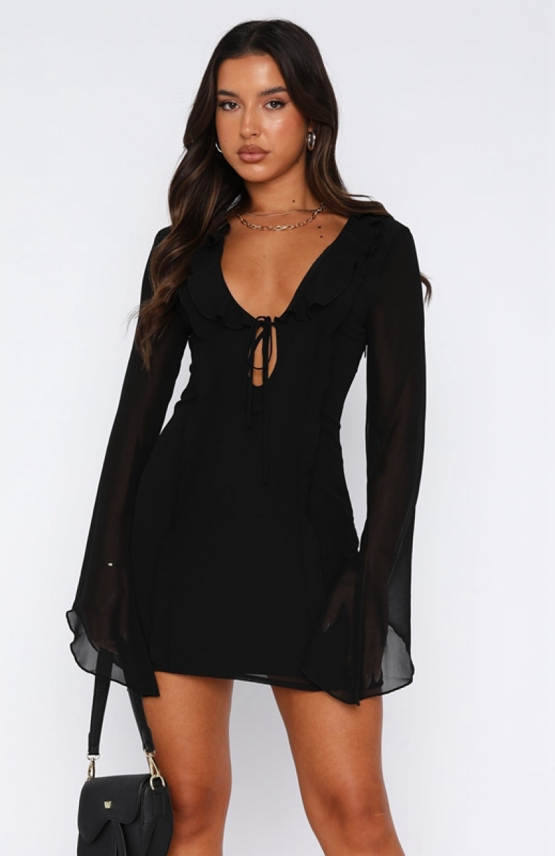 Black White Fox Falling To Pieces Long Sleeve Mini Women's Dress | EQIH-48732