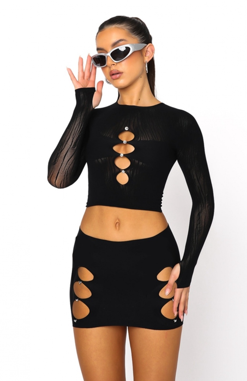 Black White Fox Promise Me Long Sleeve Crop Women's Tops | YBWH-86093