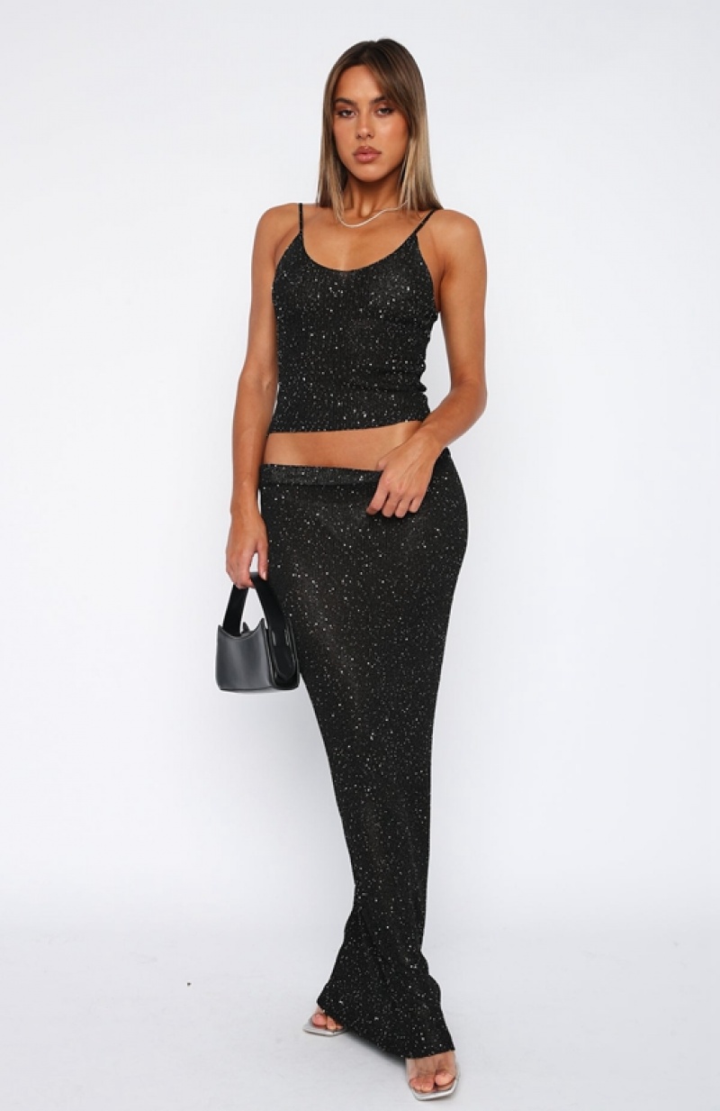 Black White Fox Star Shining Sequin Knit Maxi Women's Skirts | QCMS-57613