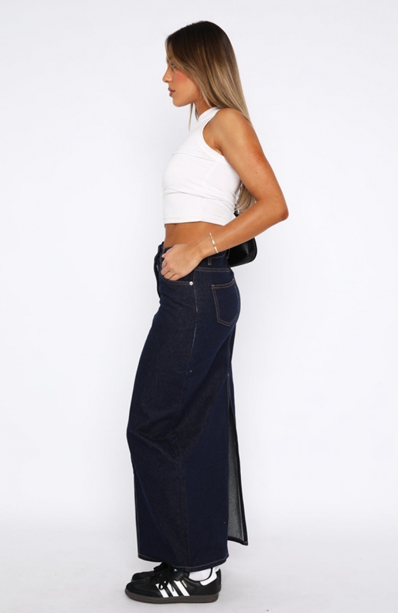 Blue Indigo White Fox Never Lose Denim Maxi Women's Skirts | JXDF-81394