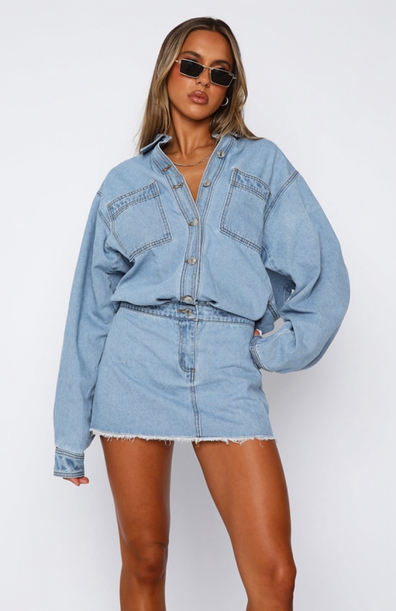 Blue Wash White Fox Don't You Remember Long Sleeve Denim Women's Dress | AFKO-48210