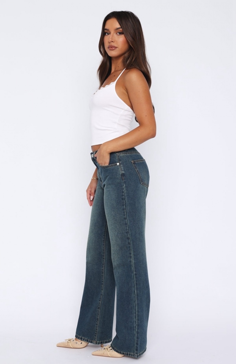 Blue White Fox Desire Mid Rise Straight Leg Women's Jeans | SDNU-23064