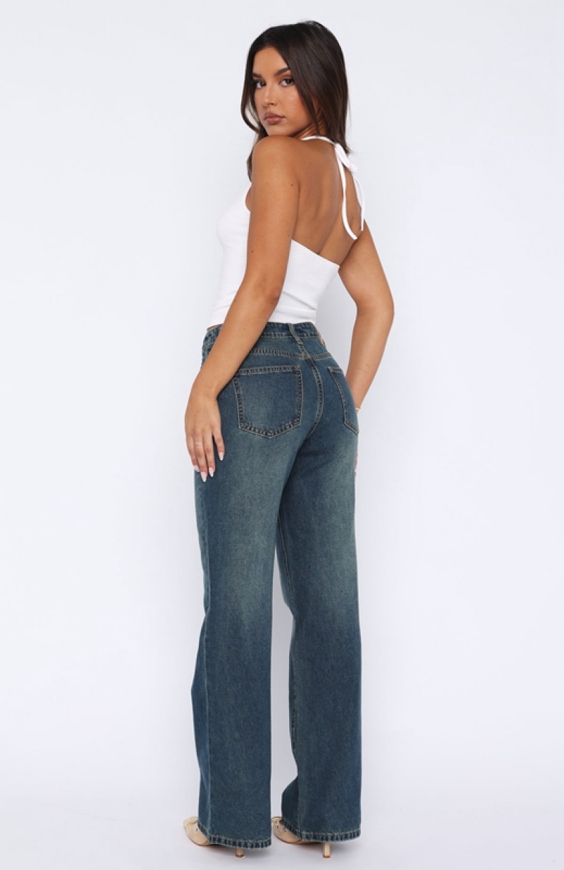 Blue White Fox Desire Mid Rise Straight Leg Women's Jeans | SDNU-23064