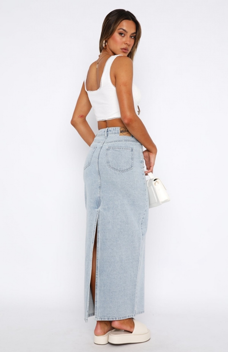 Blue White Fox Never Lose Denim Maxi Women's Skirts | VXPL-78932