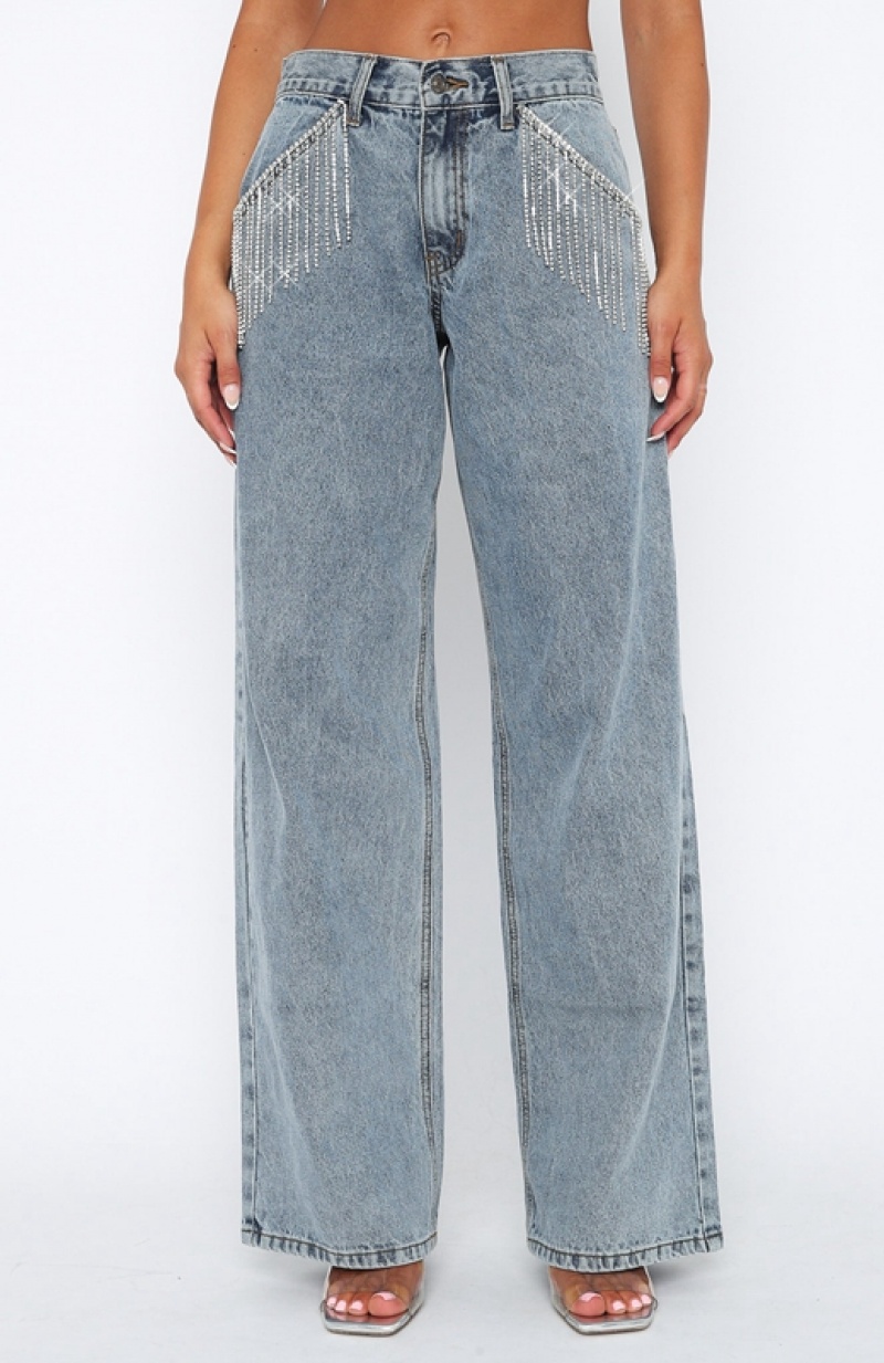 Blue White Fox Pass The Diamonds Mid Rise Wide Leg Women's Jeans | XGRB-69547