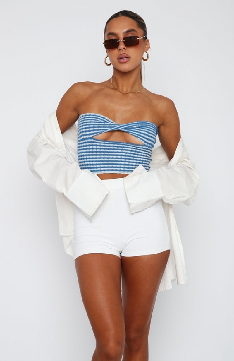 Blue White Fox Time After Time Strapless Crop Women's Tops | LSAM-67284