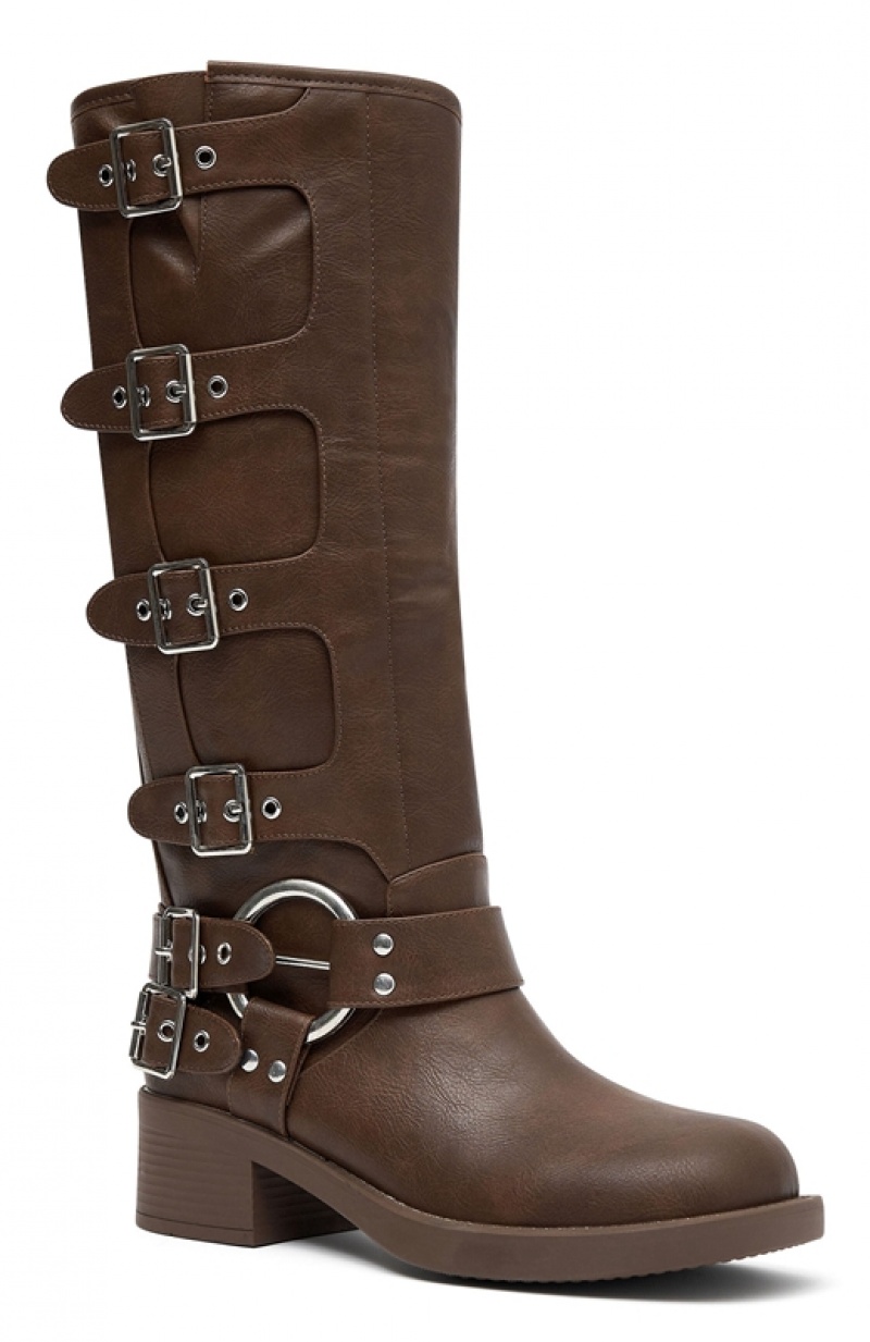 Brown White Fox Tatum Biker Women's Boots | NAYW-86793