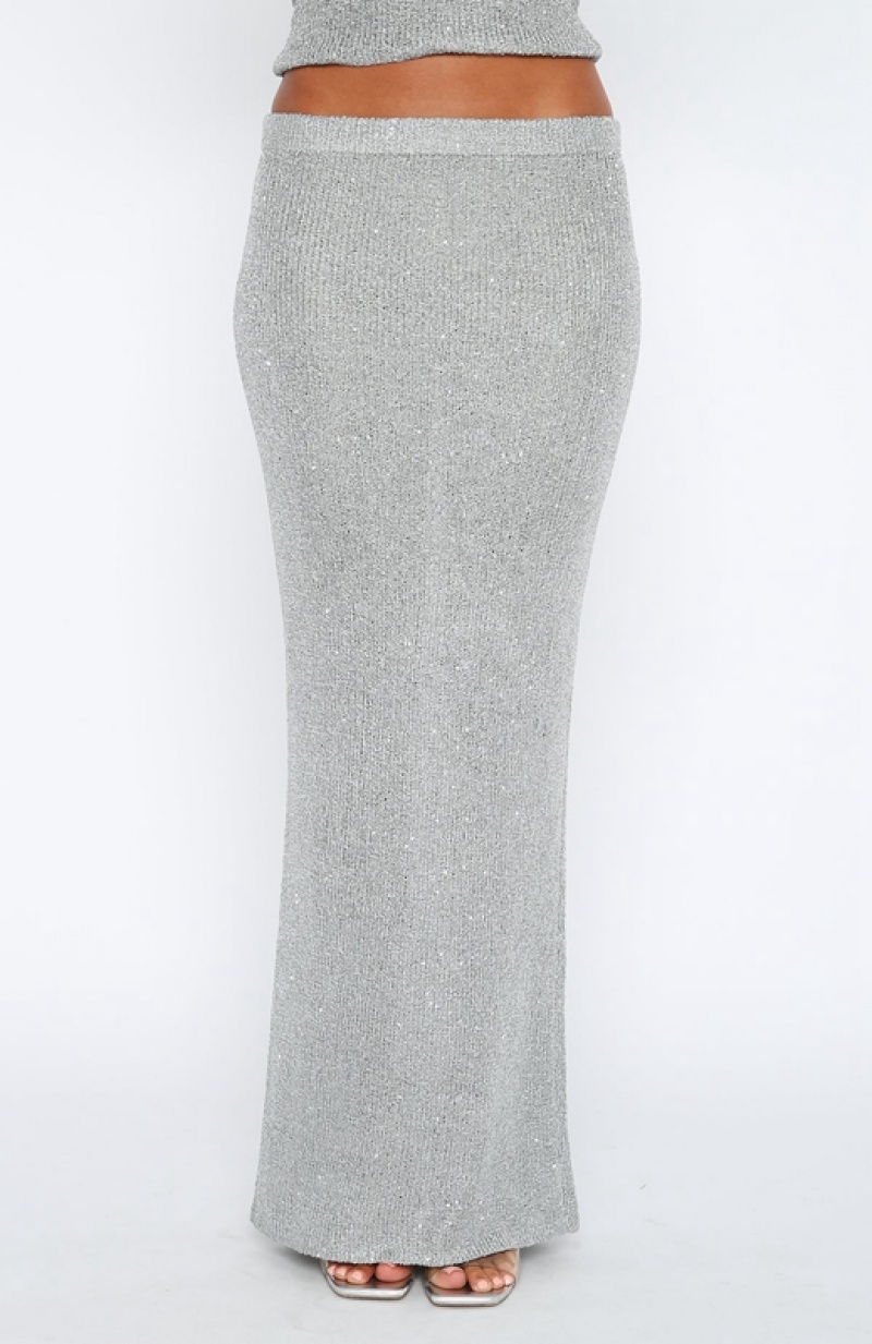 Grey White Fox Star Shining Sequin Knit Maxi Women's Skirts | JRNY-43752