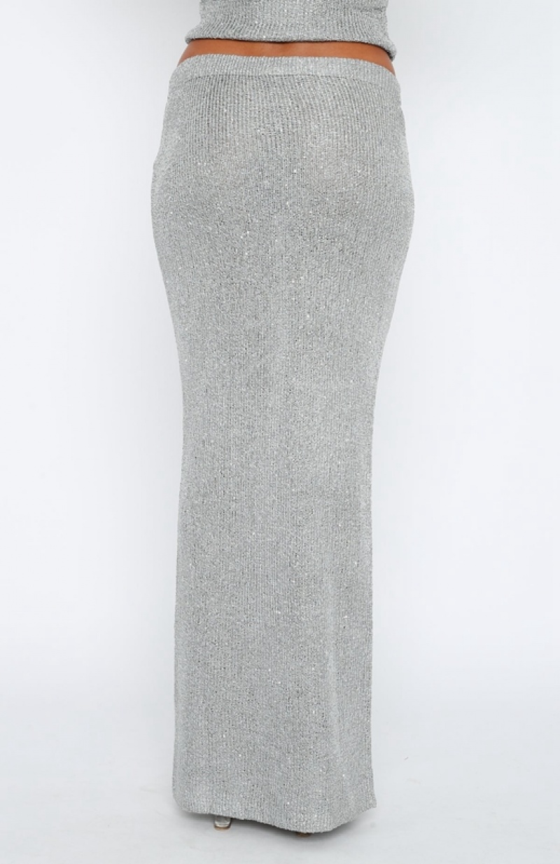 Grey White Fox Star Shining Sequin Knit Maxi Women's Skirts | JRNY-43752