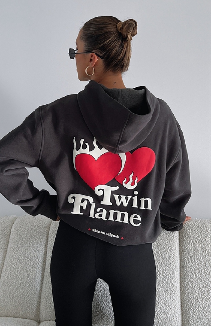 Grey White Fox Twin Flame Oversized Women\'s Hoodie | UIRQ-04816