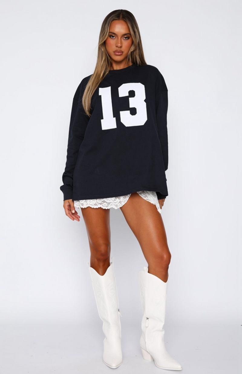 Navy White Fox Name Your Game Long Sleeve Women's Tops | EVMU-43275