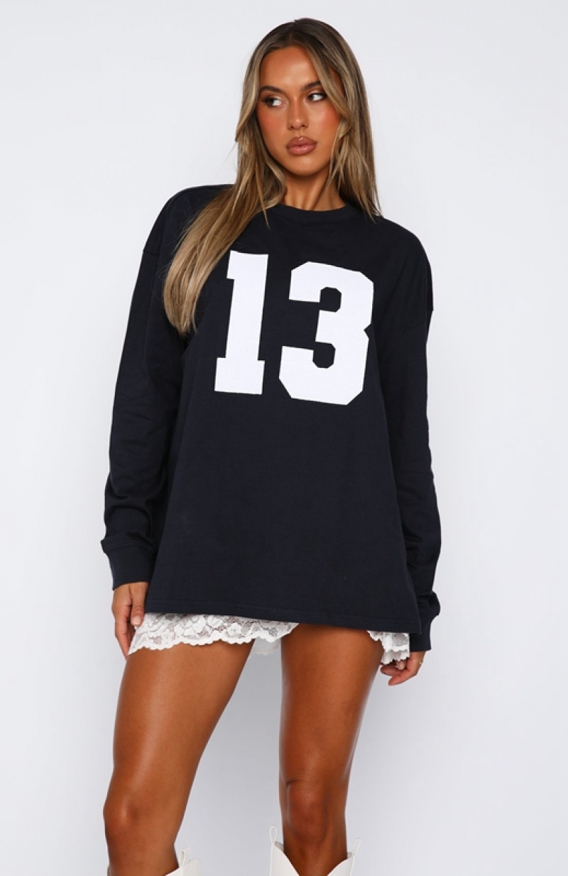 Navy White Fox Name Your Game Long Sleeve Women's Tops | EVMU-43275