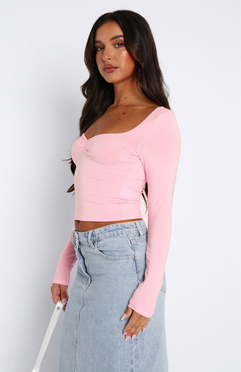 Pink White Fox Bring It Down Long Sleeve Women's Tops | HGFT-53187